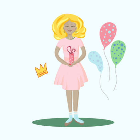 Happy young woman holding a happy birthday gift box.のイラスト素材