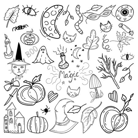 Set with elements for halloween in doodle style on the backgroundのイラスト素材