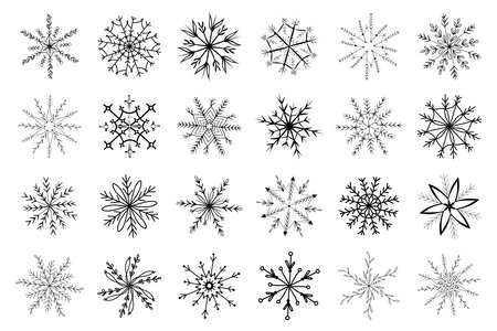 Set of snowflakes in doodle style, winter holiday decoration on background.のイラスト素材