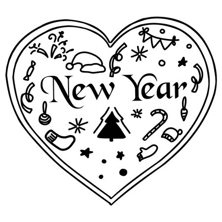 Set with New Year winter elements and lettering in doodle style.のイラスト素材