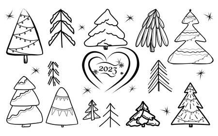 Set with Christmas trees in doodle style.のイラスト素材