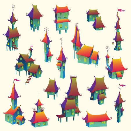 Cartoon old fairytale town set. Vector illustrationのイラスト素材