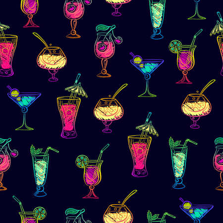 Hand drawn bright sketchy cocktail seamless pattern. Vector illustrationのイラスト素材