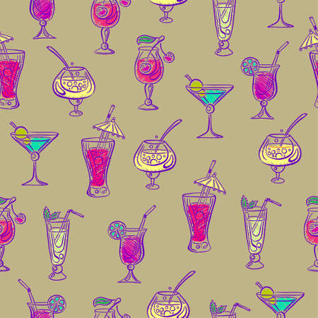 Hand drawn bright sketchy cocktail seamless pattern. Vector illustrationのイラスト素材
