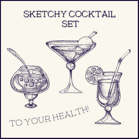 Hand drawn ink sketchy isolated on white cocktail set. Vector illustrationのイラスト素材