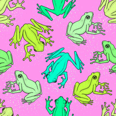 Seamless pattern with asian tree frogs. Hand-drawn ink vector illustrationの写真素材