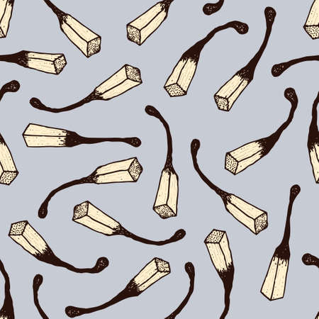 Seamless pattern with burnt matches on light background. Hand drawn grunge vector illustrationのイラスト素材