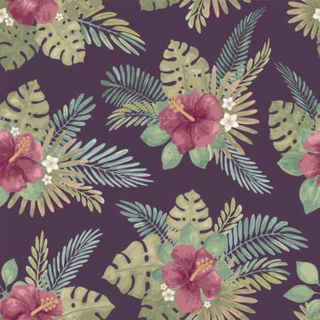 Tropical Summer seamless pattern with monstera leaves and hibiscus flowers. Bright jungle seamless background. Vivid optimistic Hawaiian party backdrop. Artistic illustrationのイラスト素材