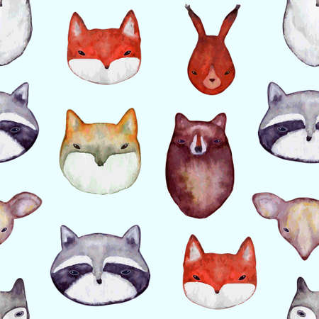 Watercolor seamless pattern with wild animals heads. Cute handrawn animals, perfect for kids apparel and textile. Vector illustration for t-shirt, fabric, wrapping and wallpaper design.のイラスト素材
