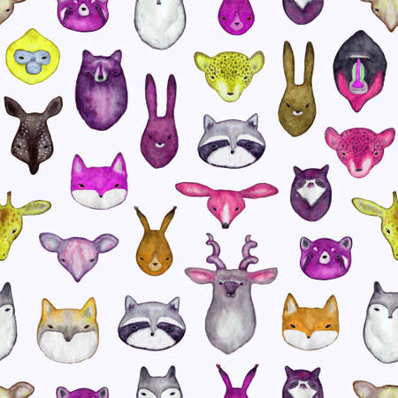 Watercolor seamless pattern with wild animals heads. Cute handrawn animals, perfect for kids apparel and textile. Vector illustration for t-shirt, fabric, wrapping and wallpaper design.のイラスト素材