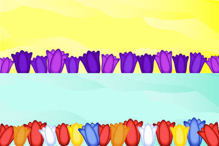 Violet tulips on Yellow background. Red flowers on blue backdrop. Floral march design. Banner, poster, greeting card. Vector illustration.のイラスト素材