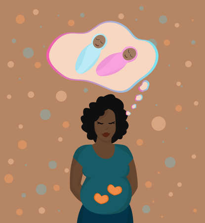 Pregnant woman is dreaming of her baby. African woman thinks about twins. Vector illustration.のイラスト素材