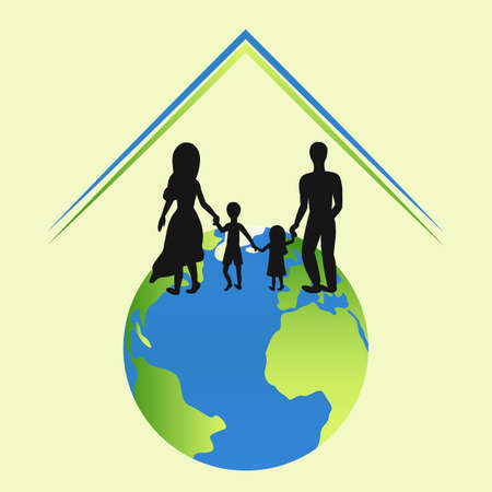 International Day of Families May 15. Vector illustration. Family is walking together on planet Earth under a roofのイラスト素材