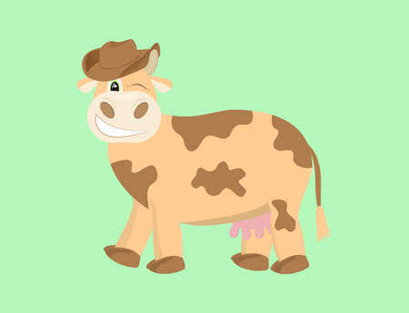 Brown spotted cow isolated. Vector illustration. Cartoon cow in cowboy hat is winkingのイラスト素材