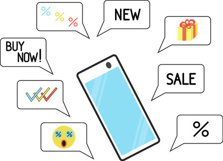 Sale and discount signs. Smartphone with offer message. Online shopping concept. Vector illustrationのイラスト素材