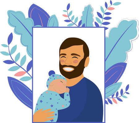 Fathers day. Happy dad is holding the baby in his arms and smiling. The newborn is sleeping. Vector flat illustrationのイラスト素材