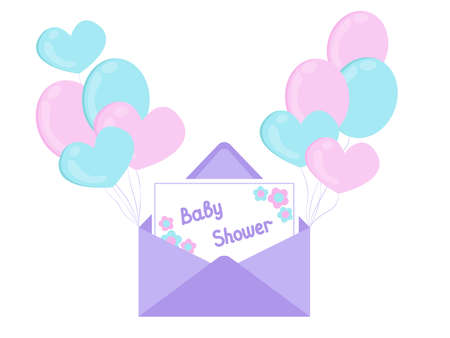 Baby shower invitation in the envelope with pink and blue balloons. Party in honor of the future kid. Vector illustrationのイラスト素材