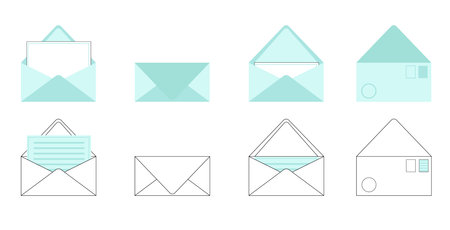 Envelopes set. Postcards and letters inside. Opened and closed envelope isolated on white backround....