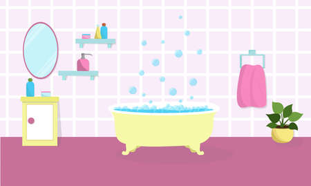 Bathroom interior. Yellow bathtub with soap foam and bubbles. Vector illustration. Beauty care products are on the shelfs.Towel holder on the wall.のイラスト素材