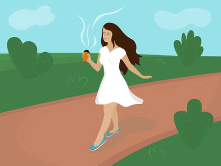 Young woman is walking through the park and holding a fresh coffee in a paper cup in her hand. Beautiful girl in a white summer dress. Vector flat illustration.のイラスト素材