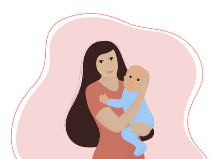 Happy Mothers day. Caucasian woman and baby. Young mom is holding the son in her arms and smiling. Vector flat illustration.のイラスト素材