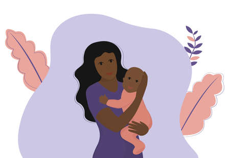 Happy Mothers day. African american woman and baby. Young mom is holding the daughter in her arms and smiling. Vector flat illustration.のイラスト素材