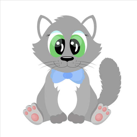 Cartoon cat character. Cute fluffy gray kitty with big eyes is sitting and smiling. Funny little pet. Vector illustration.のイラスト素材