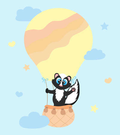 Cute animal skunk is flying in a hot air balloon. Vector illustration for children. Nursery room decor, poster.のイラスト素材