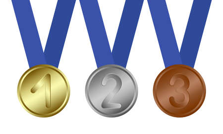 Sport medals set. Gold, silver and bronze prizes for winners isolated on white background. Vector illustration.のイラスト素材