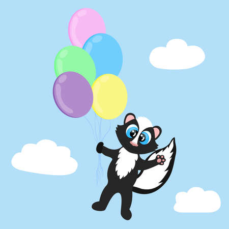 Colorful ballons in sky and flying cute animal skunk. Vector illustration for children. Nursery room decor, poster.のイラスト素材
