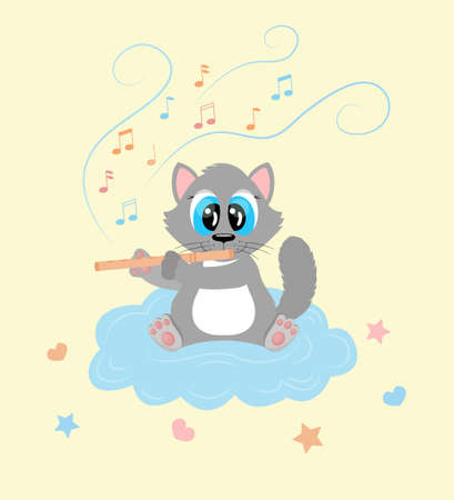 Cartoon Cat character playing music on flute and sitting on cloud. Cute fluffy animal. Poster for baby room, nursery. Vector illustration for kids in pastel colors.のイラスト素材