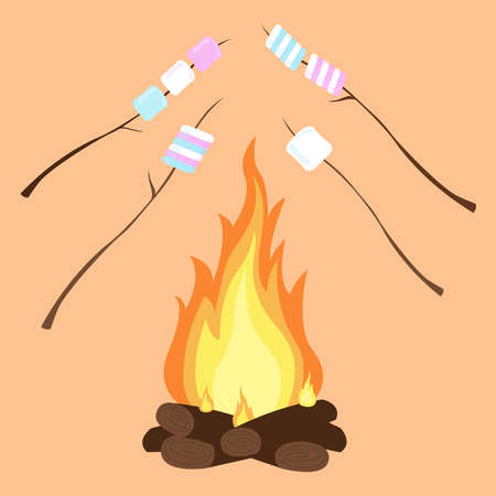 Marshmallows on sticks by the fire. Vector illustration.のイラスト素材