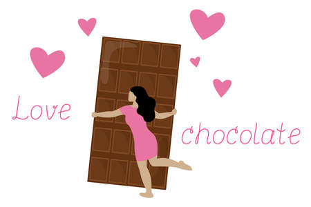 Woman hugs chocolate bar. Love chocolate lettering on white background. Vector poster illustration.のイラスト素材