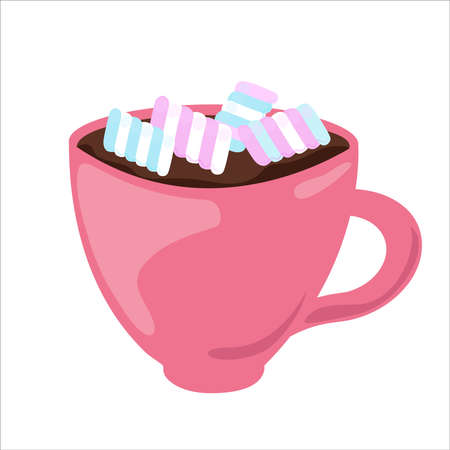 Marshmallow in cup of hot chocolate. Cacao drink with sweets isolated on white background. Vector illustration.のイラスト素材