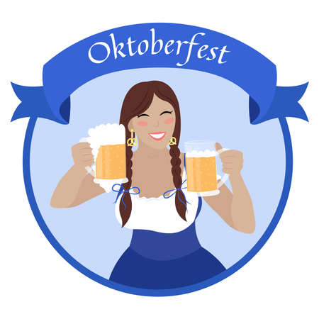 Oktoberfest girl with beer mugs. Beautiful smiling woman in bavarian dress dirndl. Vector flat illustration.のイラスト素材