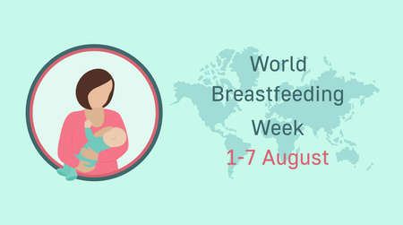 Breastfeeding Week in August poster. World map and text. Woman feeds baby with her milk. Breastfeeding and lactation concept. Vector illustration.のイラスト素材