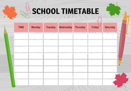 School timetable. Design of planner on wooden table background. Weekly schedule for schoolers in...