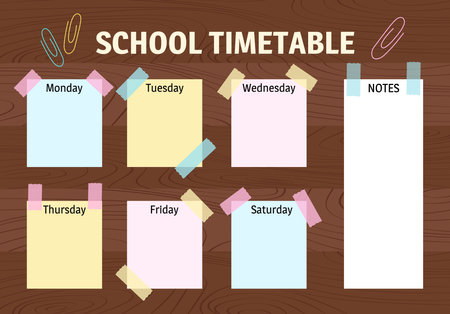 School schedule. Timetable for schoolers. Sticky notes with days of week on wooden table background. English language. Vector illustration.のイラスト素材