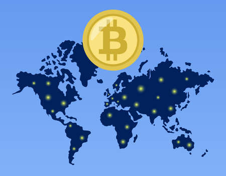 Crypto currency Bitcoin on world map. Glowing points of cities. Vector illustration.のイラスト素材