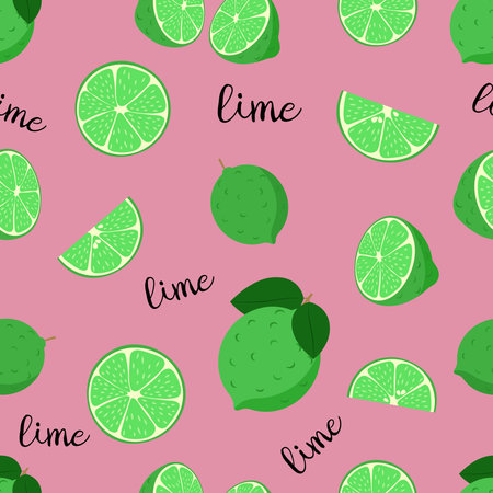 Lime pattern. Whole citrus fruit and slices. Vector seamless background illustration.