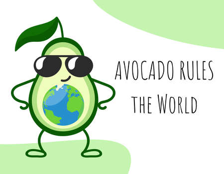 Avocado rules the World. Happy cool cartoon avocado in sunglasses with planet Earth inside. Vector illustration.のイラスト素材