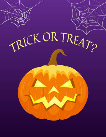 Trick or treat Halloween greeting card. Carved glowing pumpkin and spiderweb. Vector illustration.のイラスト素材
