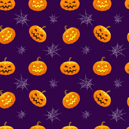 Halloween pattern. Carved glowing pumpkin and spiderweb. Seamless Halloween party holiday purple background. Vector illustration.のイラスト素材
