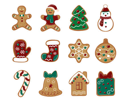 Set of Christmas gingerbread. Ginger man, tree and other New year cookies. Traditional Christmas bakery. Isolated elements for design. Vector collection.のイラスト素材