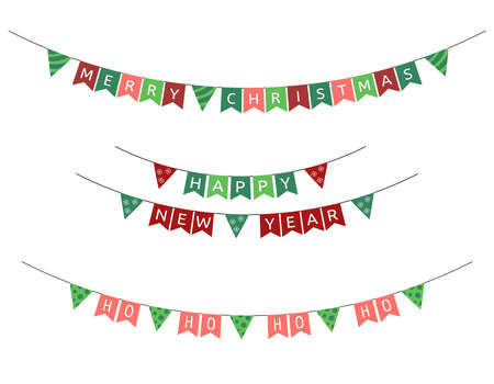 Christmas flags garlands. Vector set of New Year triangular holiday buntings. Text Merry Christmas, Happy New Year and Ho ho of Santa. Decorations collection.のイラスト素材