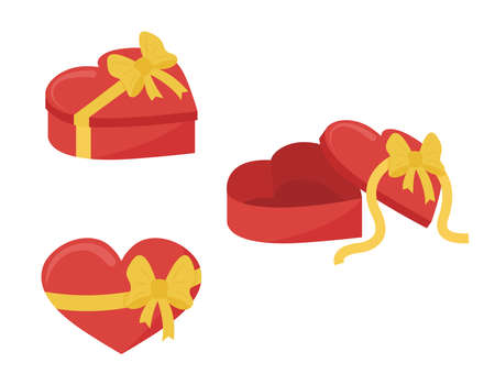 Heart gift box. Romantic present for Valentine day, Birthday. Giftbox opened and closed isolated. Side and top view. Vector illustration.のイラスト素材