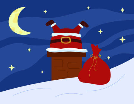 Santa Claus stuck in chimney on roof. Christmas funny humor greeting card. Starry sky and moon as background. Vector illustration.のイラスト素材