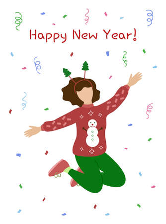 Happy New Year greeting card. Woman in sweater jumps and has fun. New Year party with confetti. Vector illustration.のイラスト素材