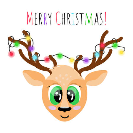 Christmas greeting card. Cute cartoon Deer with glowing colorful garland on horns isolated. Vector illustration.のイラスト素材