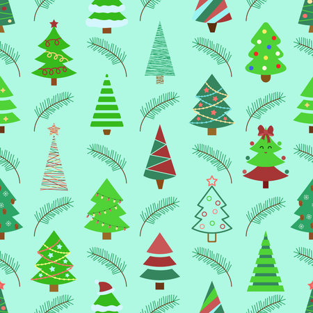 Christmas trees pattern. New Year seamless green background with pines, firs, tree branches. Vector...